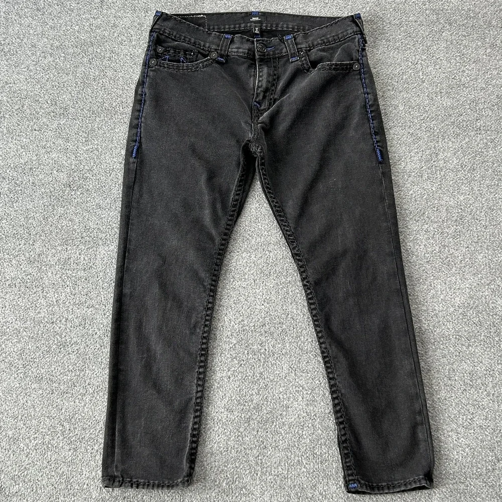 True Religion Rocco Jeans‎ Mens 37x31 Black Relaxed Skinny Contrast Stitch Denim